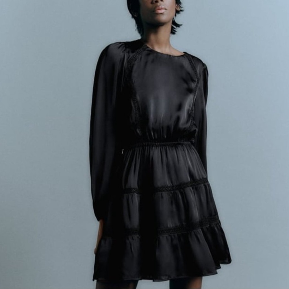 Zara Satin Effect Dress With Lace Inserts
